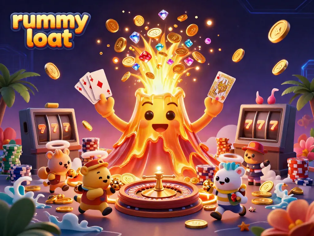 Engage in thrilling rummy loot gameplay with cascading coins and vibrant poker elements.