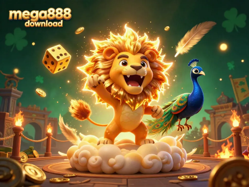 Experience the excitement of mega888 download with a vibrant casino-themed 3D illustration featuring a roaring lion.