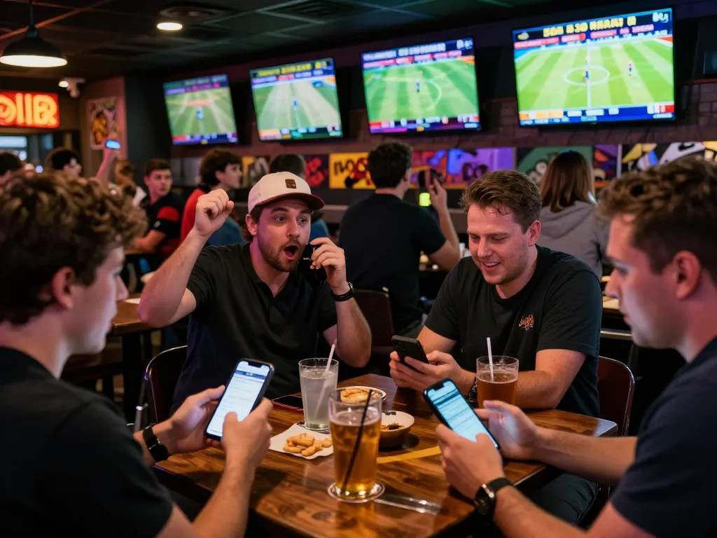 VSBET users immersed in live sports betting, enjoying a vibrant bar atmosphere with multiple screens and mobile devices