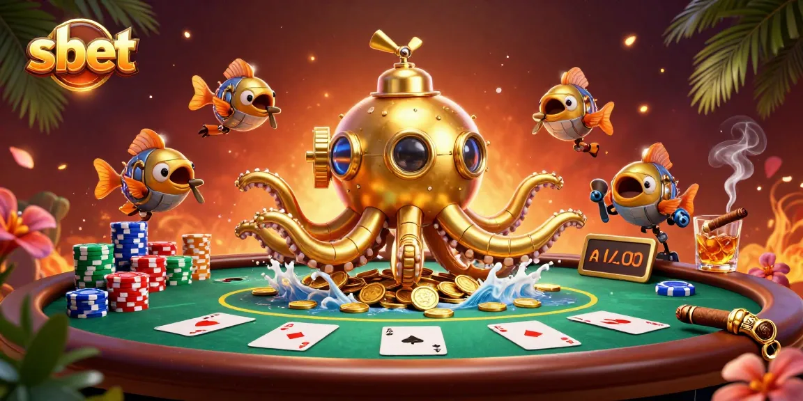 Experience thrilling poker action with shbet's vibrant golden kraken submarine scene filled with winnings.