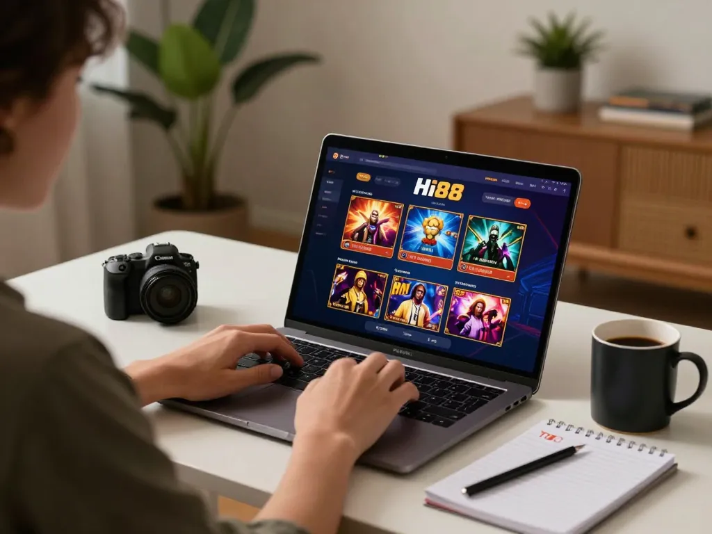Play engaging games on the Hi 88 platform using a cozy home setup with laptop and notes.