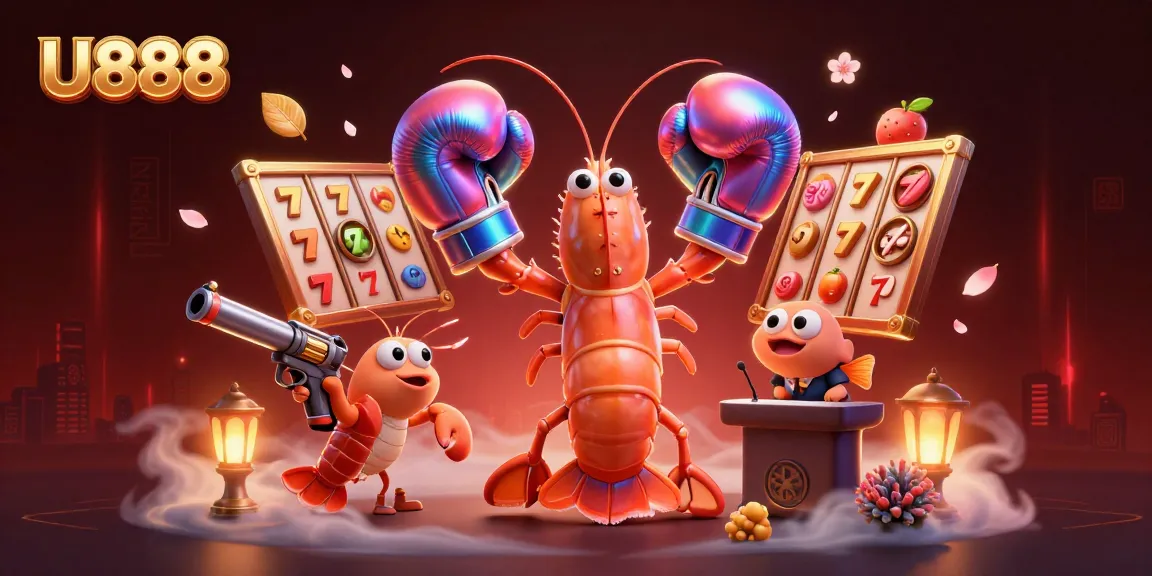 Experience thrilling gaming with U888 as a mantis shrimp and allies celebrate casino action.