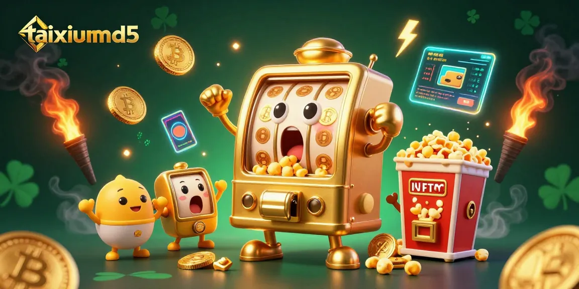 Experience the excitement of taixiumd5 as a golden slot machine hits the jackpot, celebrating with coins and cheer!