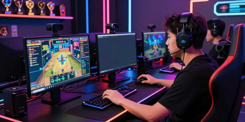 Professional gamer at a gaming desk engaging with akunjp slot games and streaming setup.