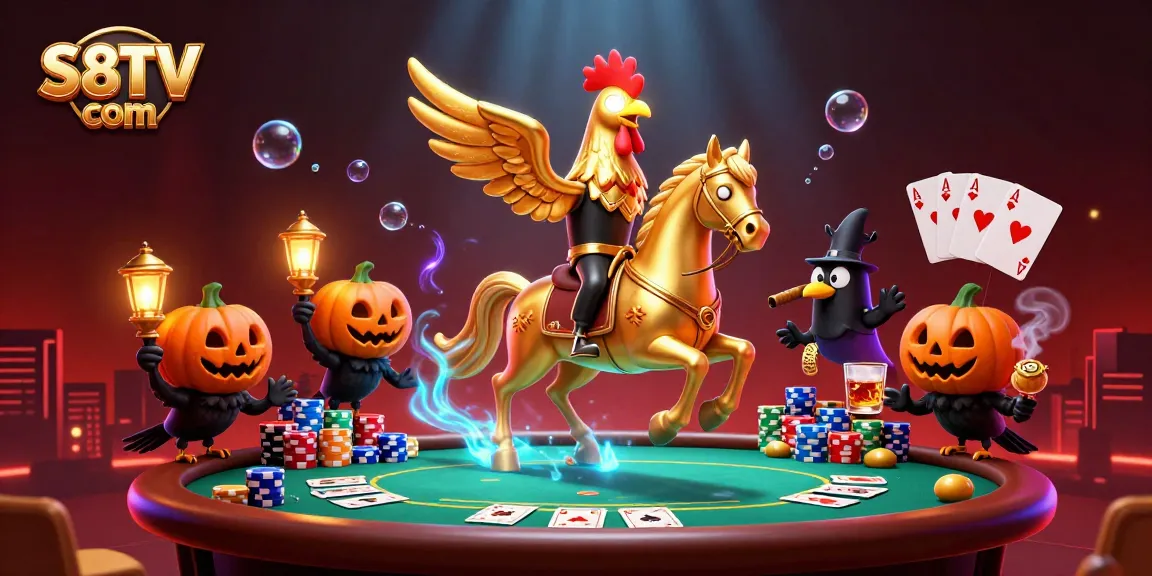 S8TV com offers a vibrant casino scene with a golden rooster headless horseman, showcasing thrilling poker elements.