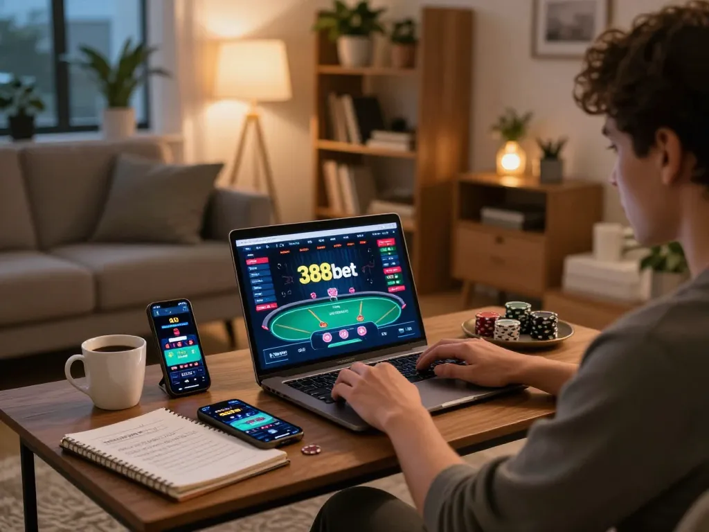 Engaging in online poker at 388bet with a cozy home setup and strategic notes.