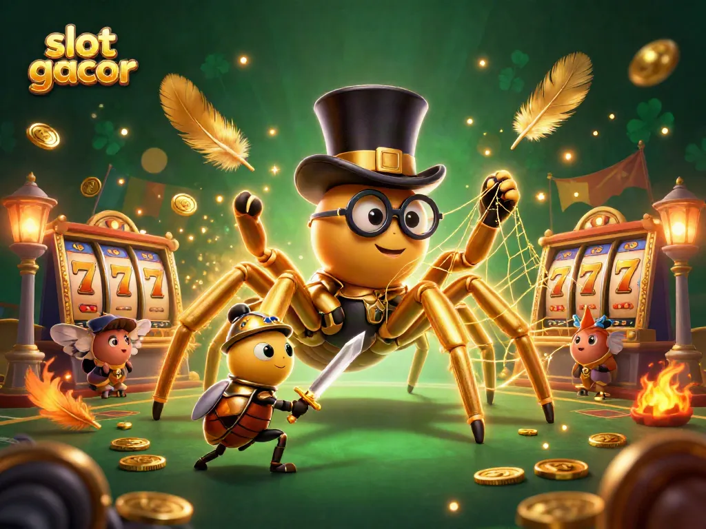 Slot gacor menampilkan tarantula emas raksasa dan kesatria kecil di kasino yang megah.