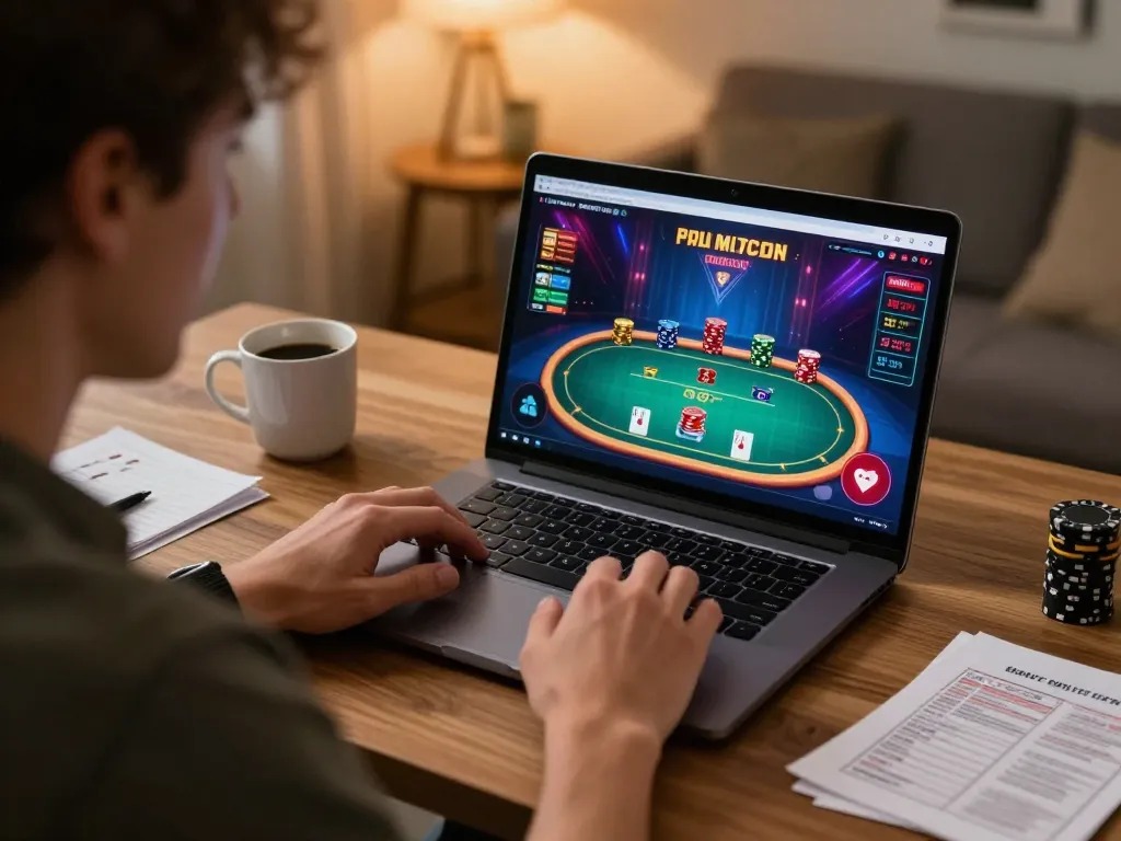 Engaged player at home using OKFUN for live dealer blackjack, showcasing excitement and strategy.