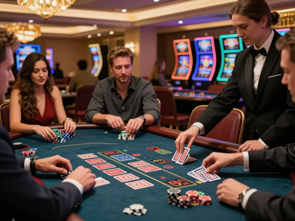 F8BET players strategizing at a blackjack table with focused expressions and vibrant gaming atmosphere