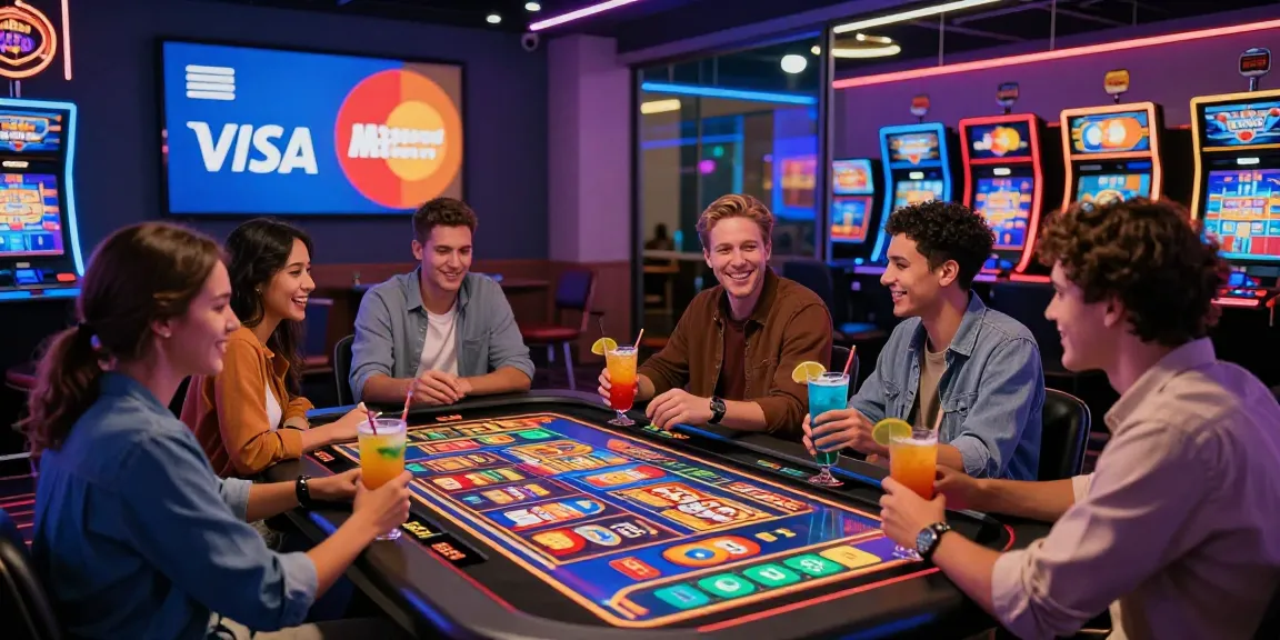 Dynamic casino gaming session at https://dea.org.uk, featuring players enjoying credit card gaming with vibrant atmosphere and multiple slot games.