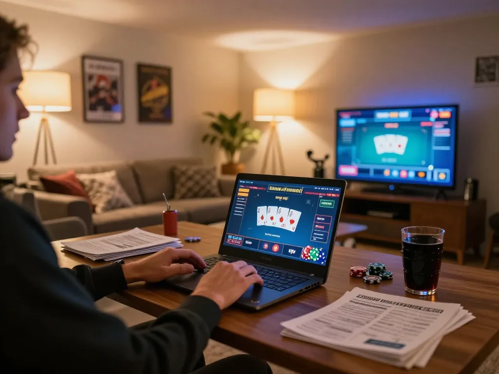Player engaging with the 33win online casino interface, showcasing strategic gameplay and a cozy setting.
