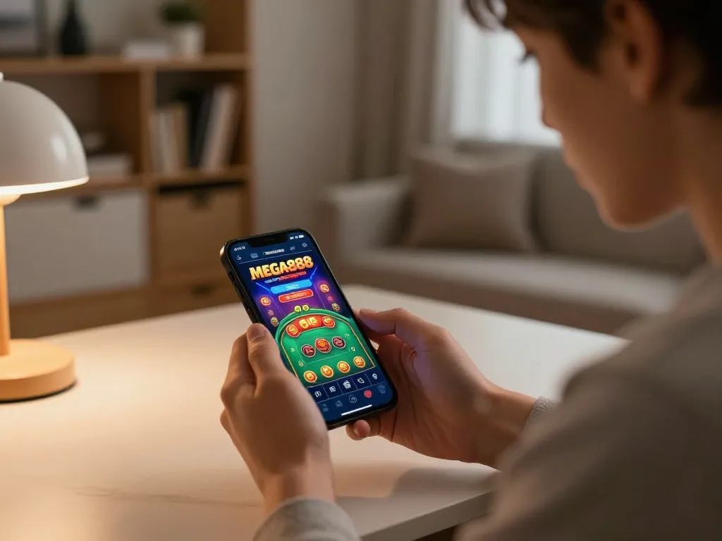 Versi asal Mega888 dipaparkan pada telefon pintar semasa sesi permainan dalam talian yang sengit.