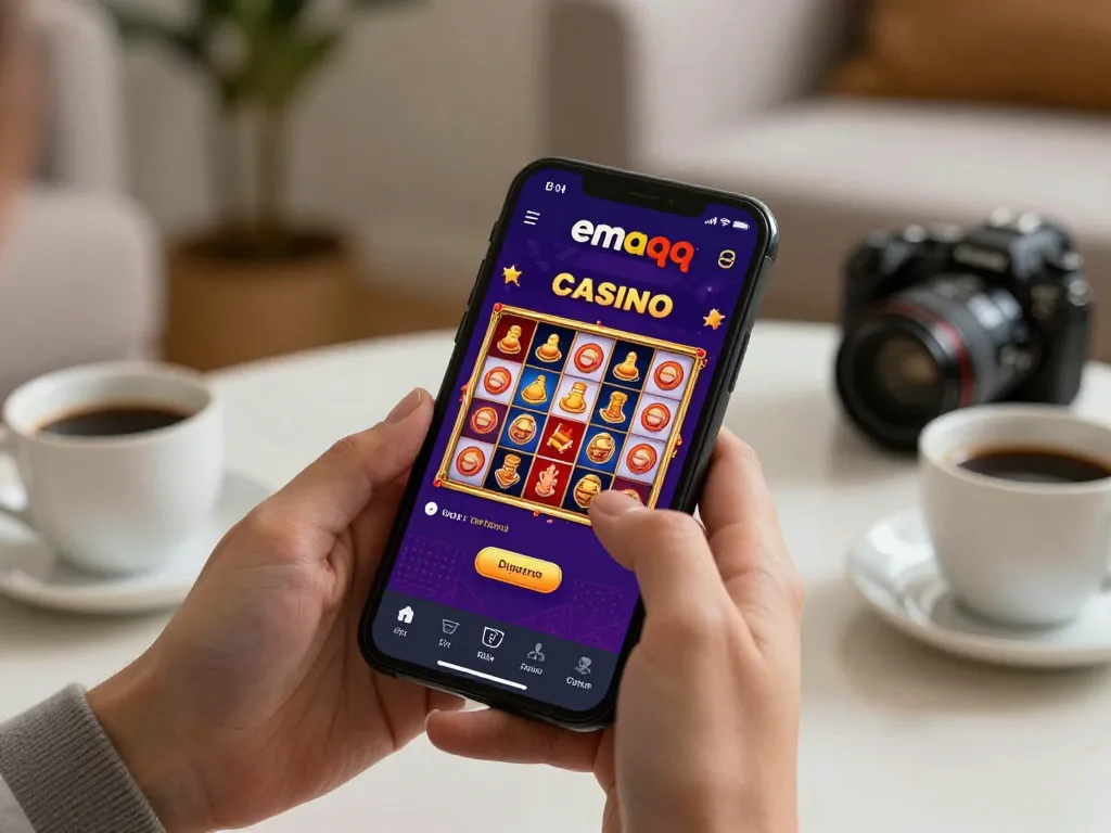 Momen menarik seorang pemain menggunakan aplikasi mobile emaqq untuk permainan kasino yang mendebarkan di smartphone.