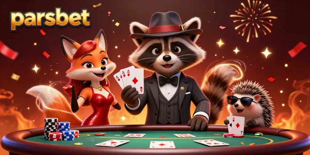 Parsbet ile poker masasında oyun oynayan sevimli karakterler ve renkli detaylar.