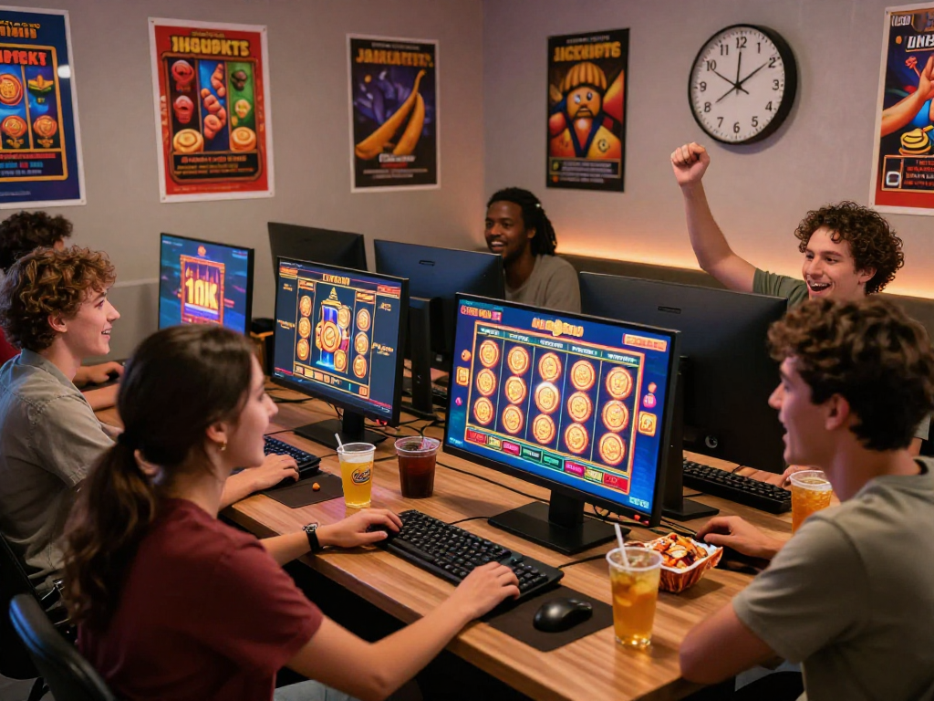 Engaging friends enjoying slot88 resmi online gaming experience with modern setup and vibrant atmosphere.