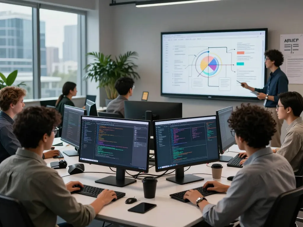 Dynamic software development team collaborating with juicy ai in a modern workspace.