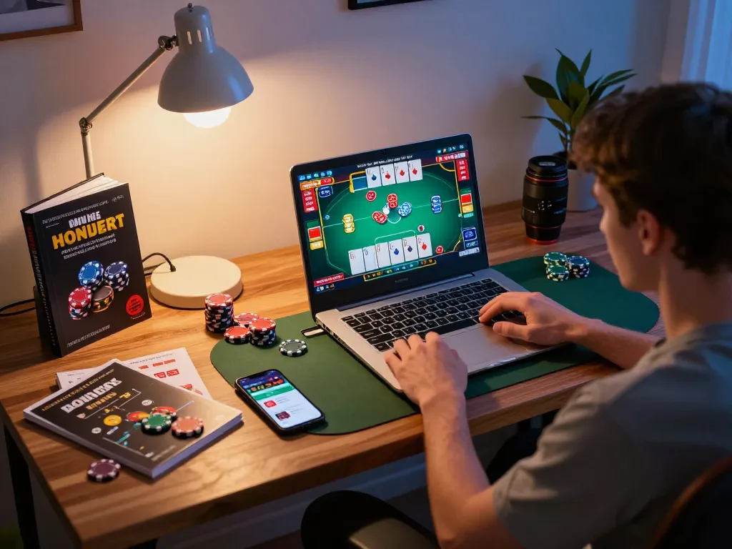 Permainan poker online yang menarik di rumah dengan laptop, menampilkan langkah strategis dan suasana yang nyaman dari https://www.goldleafrestaurant.com/wp_glmain/.