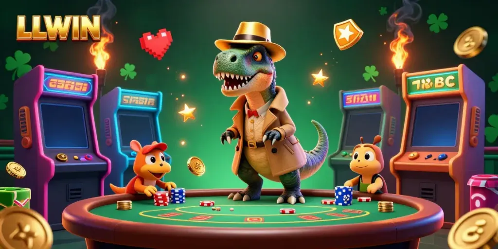 LLWIN animation showing a velociraptor card counter at a blackjack table amidst colorful casino game elements.