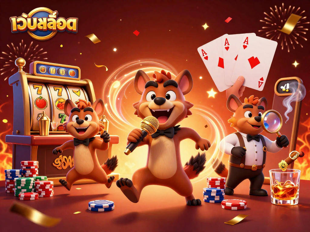 Engage with เว็บสล็อต in a vibrant 3D cartoon casino scene filled with slot reels, poker chips, and festive celebration.