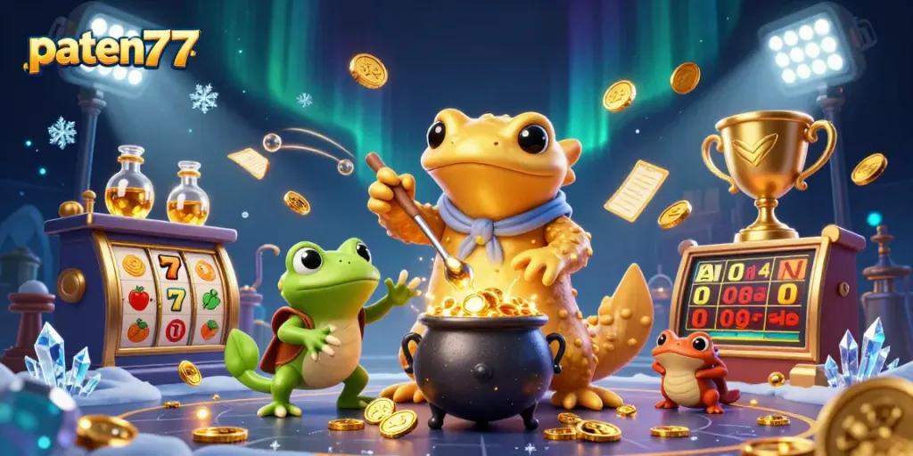 Win with paten77 as a giant salamander transforms metals to gold in a vibrant casino scene.