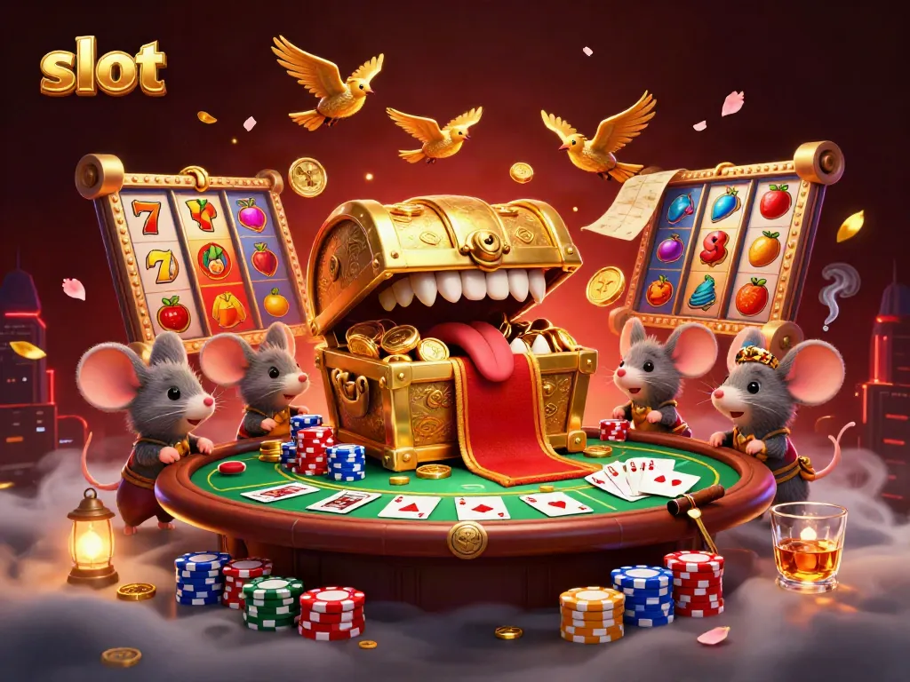 Engage with dynamic slot adventures in this vibrant 3D casino scene featuring treasure chests and vibrant game reels.