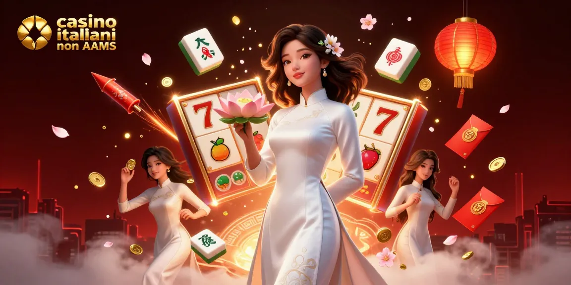 Interagisci con i casino italiani non AAMS attraverso questa dinamica illustrazione 3D di una donna asiatica serena in mezzo a vibranti elementi di casinò.