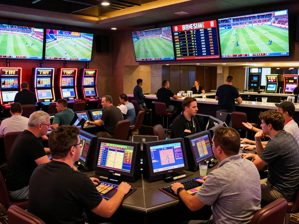 Excited bettors analyzing tỷ lệ nhà cái while placing wagers in a vibrant sports betting lounge