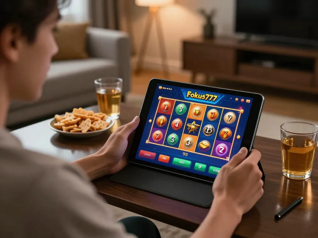 Engaging in online gaming at Fokus777, displaying vibrant slot graphics in a cozy home environment.