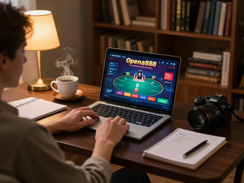 Enjoying strategic poker gameplay on open888 from a cozy home office setup.