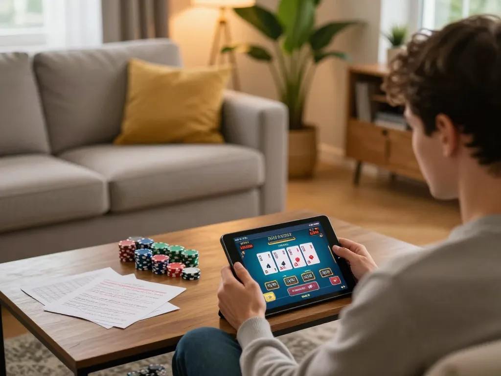 uu88 player engaging with live dealer game on tablet in inviting home setting