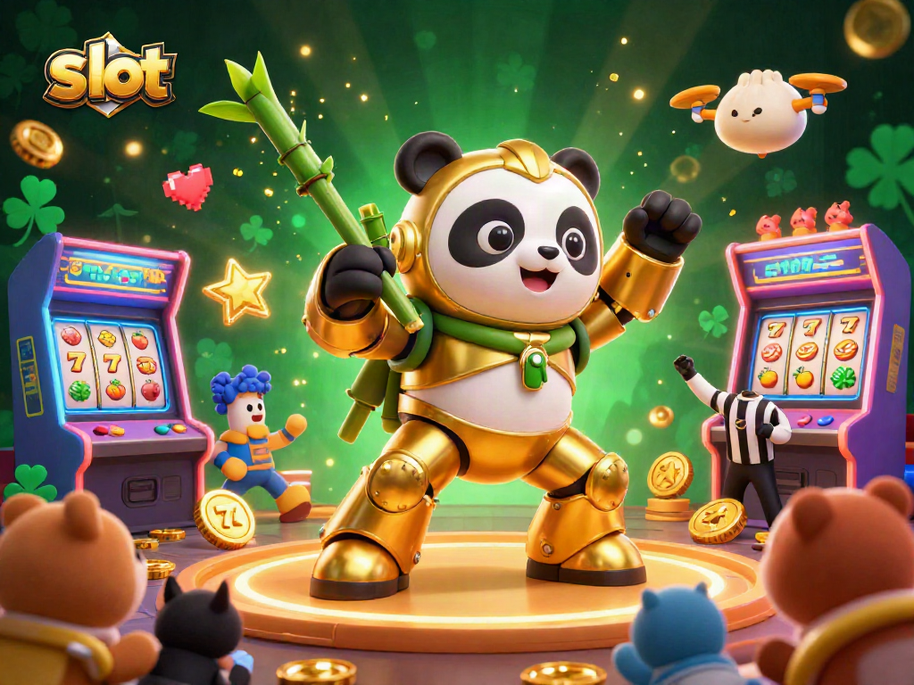 Experience the thrill of slot gaming with this vibrant illustration featuring a mech-suit panda amidst dynamic casino elements.