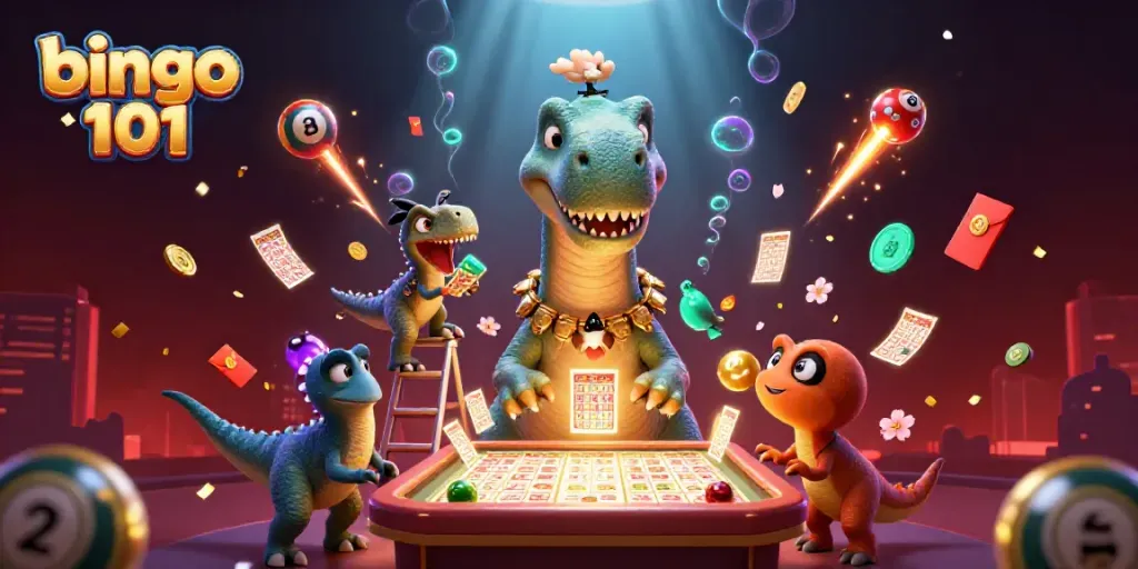 Play bingo 101 in a vibrant casino scene surrounded by dynamic game elements.