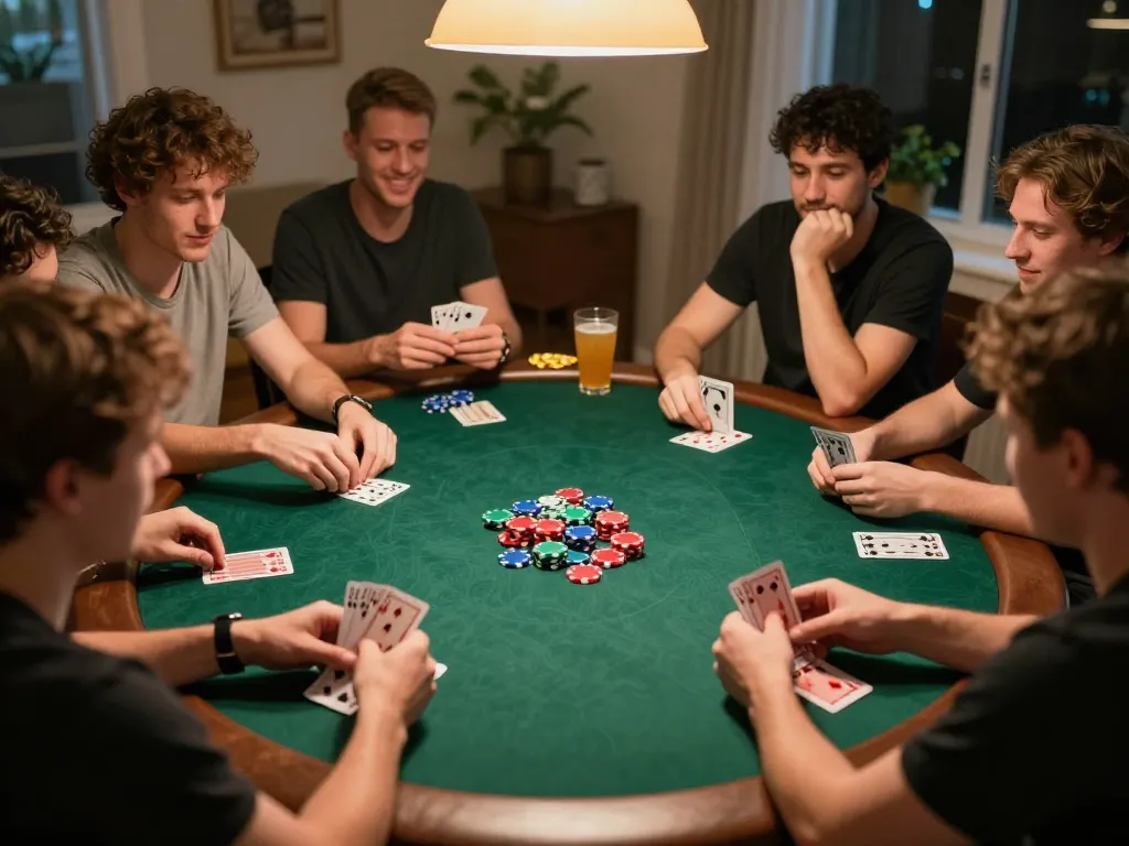Bong88 players enjoying a friendly poker night, engaging in strategic gameplay with colorful chips and cards.