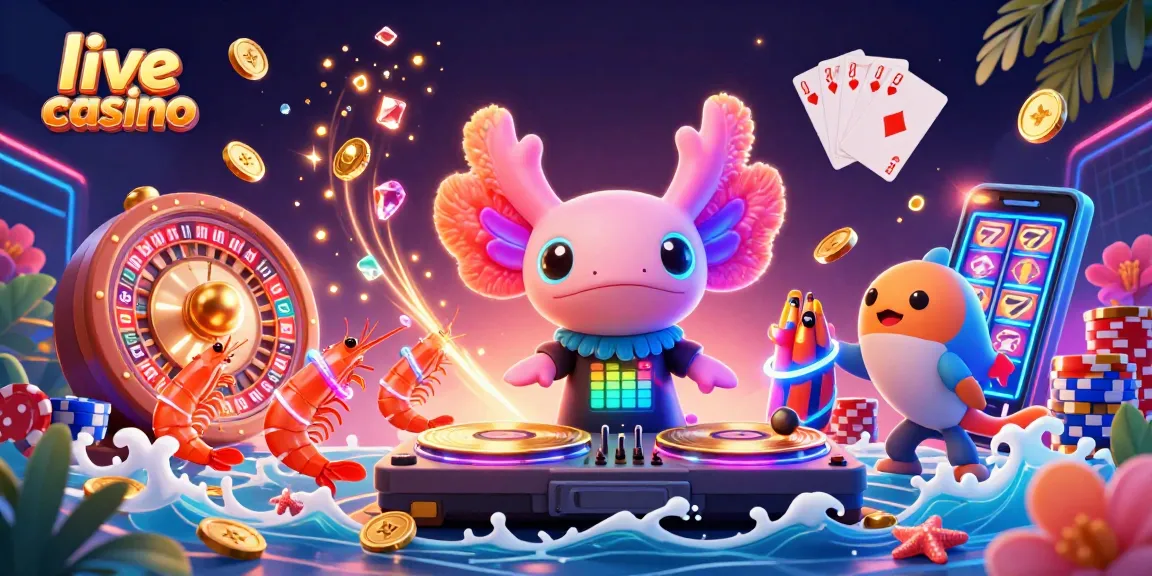 Experience the thrill of a live casino with vibrant characters like a DJ axolotl and gems flying around.