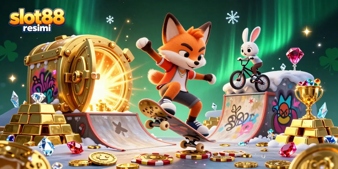Get ready to spin the reels with slot88 resmi, featuring a vibrant scene with characters, treasures, and casino excitement!