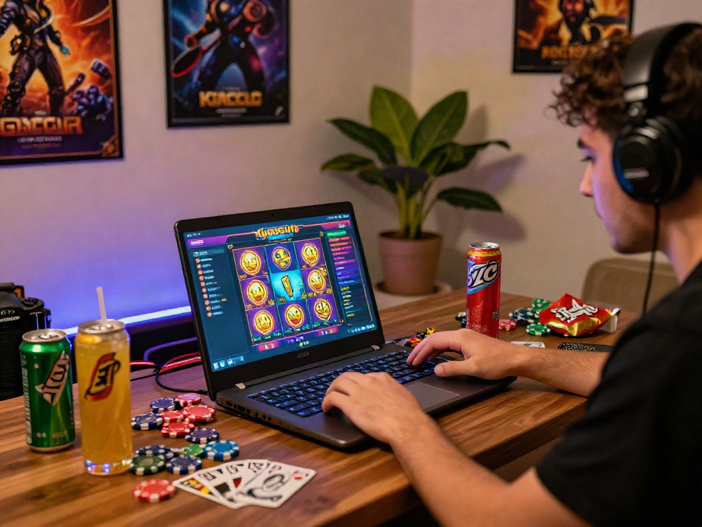 Engaging player in online gaming with slot gacor features, colorful gaming setup, and vibrant atmosphere.