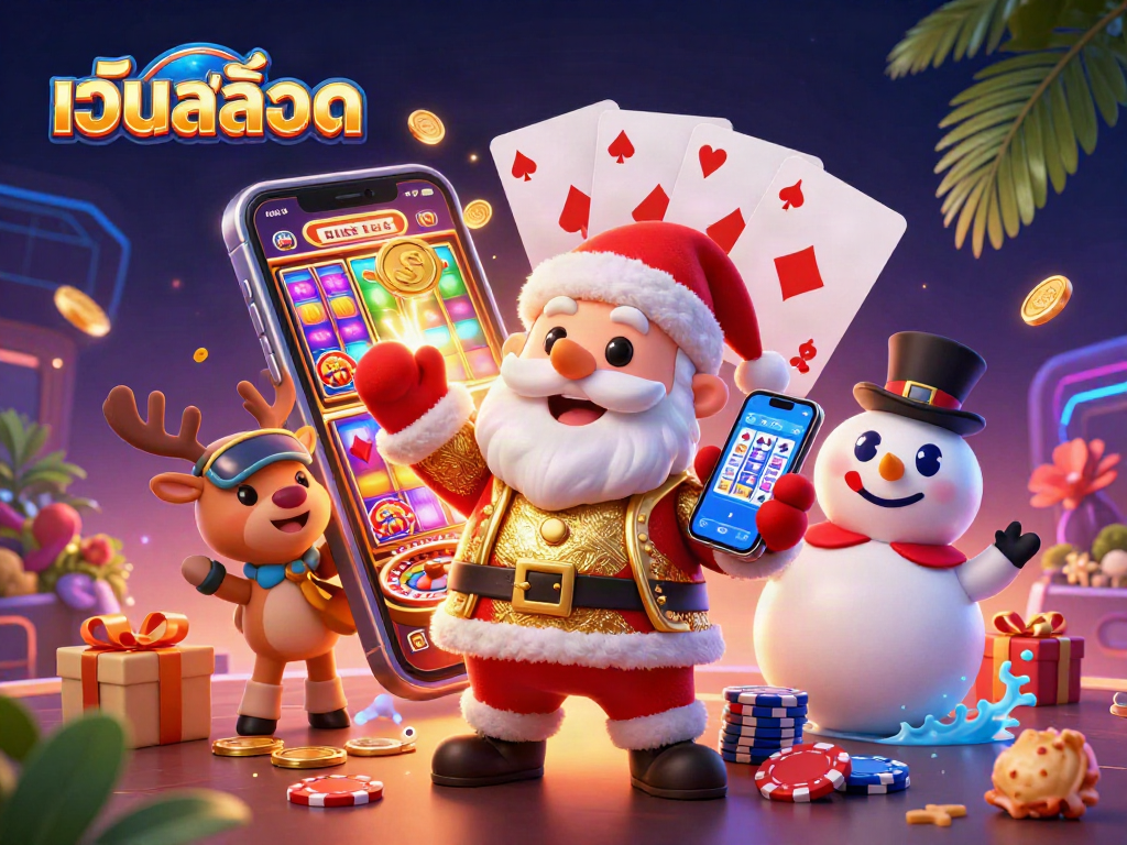 Win big at เว็บสล็อต with Santa and his friends celebrating casino luck!