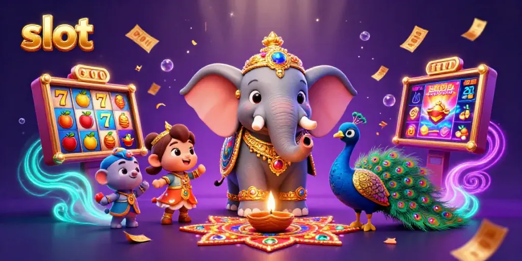 Engage in vibrant slot action featuring a cartoon elephant and peacock with spinning reels and jackpot lights.