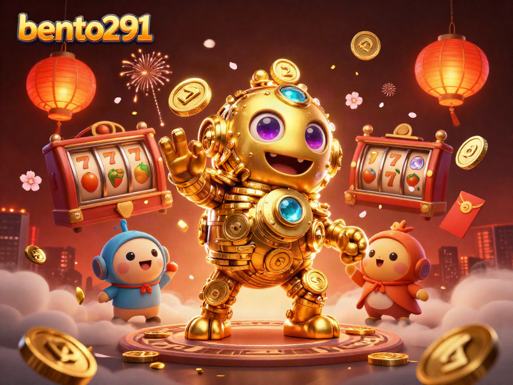 Engage with bento291 in an exciting 3D casino illustration featuring vibrant slot machines and ancient golden golem.