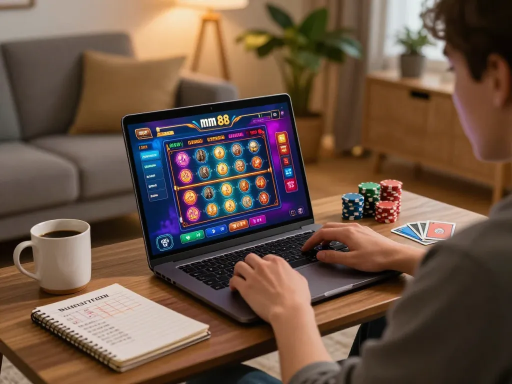 Person engaging with mm 88 casino on laptop, showcasing safe online gaming environment in cozy setting.