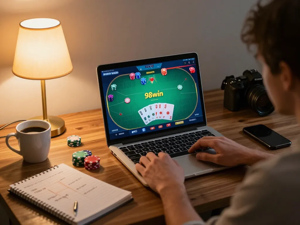 Player engaging in a strategic online poker game at 98win, surrounded by notes and a laptop.