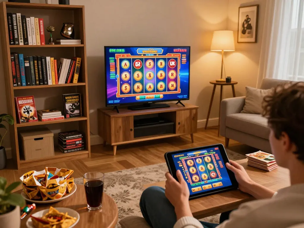 Engaging home scene illustrating bonus buy slots uk played on tablet, enhancing the gaming experience.