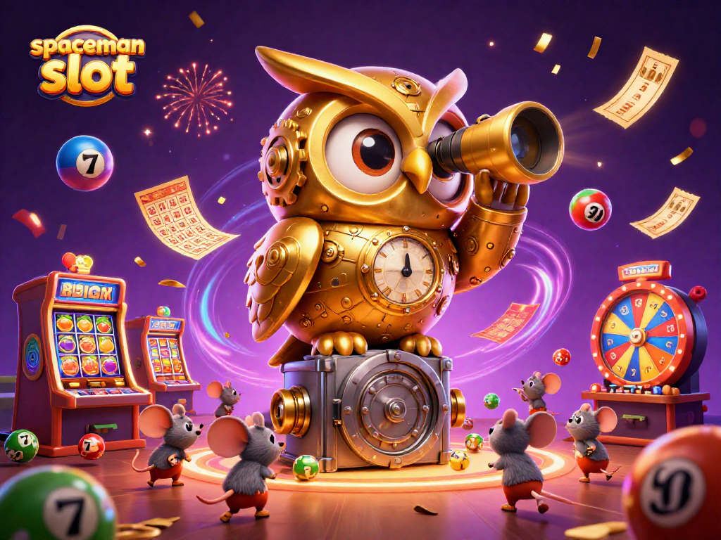 Experience the excitement of spaceman slot with a golden owl overseeing vibrant casino elements.