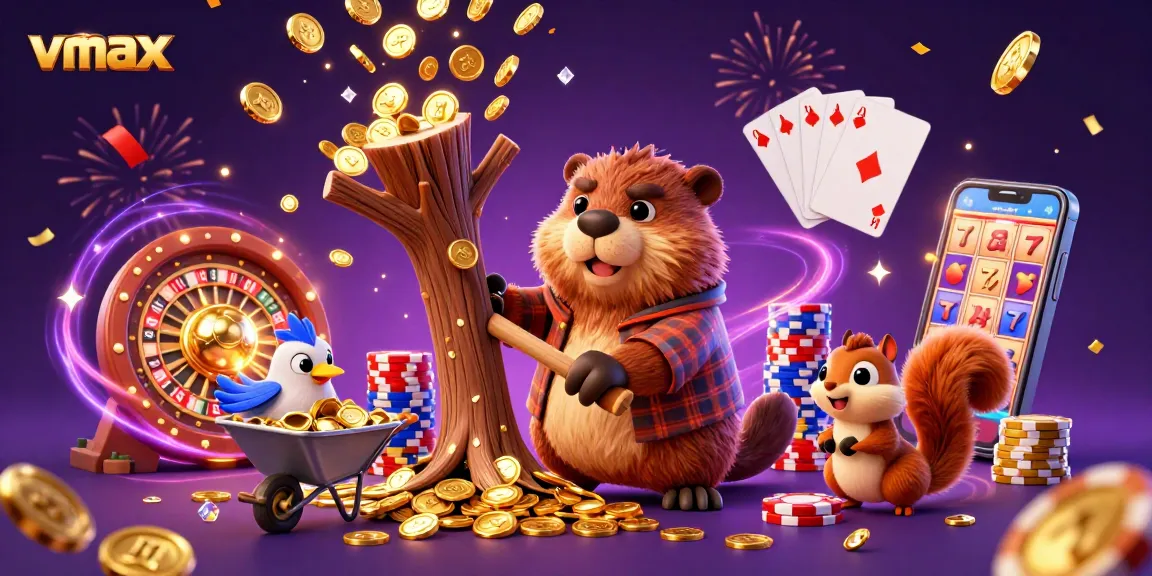 Experience the thrill of winning at vmax with a beaver, bird, and squirrel in a golden, casino-themed scene.