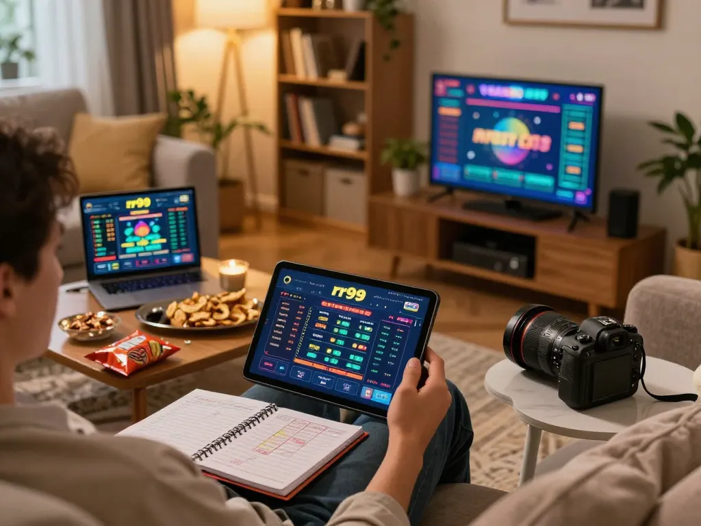 Engaging in online gaming at rr99 with tablet and snacks on coffee table