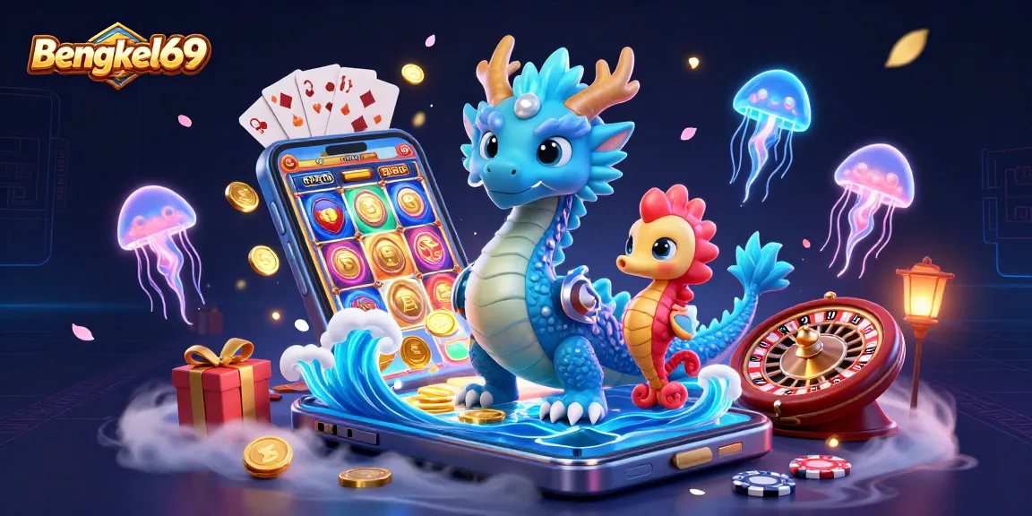 Bengkel69 captures vibrant casino excitement with a 3D ocean dragon, seahorse knight, and glowing jellyfish.