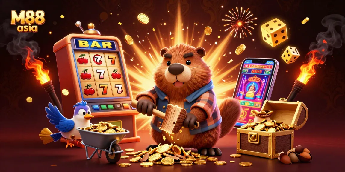 M88 asia showcases vibrant gaming action with beaver, bird, and squirrel collecting golden riches.