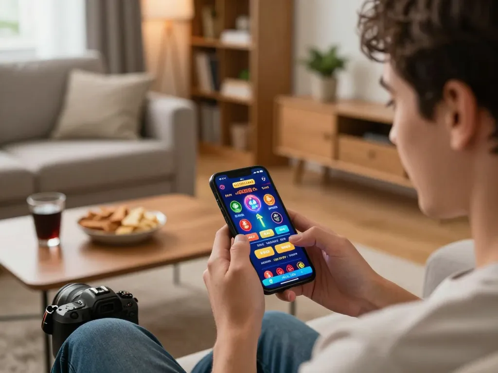 Engaged player using NK88 COM casino app on smartphone for exciting online gaming.
