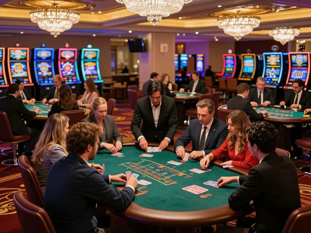 Players engaging in blackjack at SC88 casino, vibrant atmosphere with professional dealers