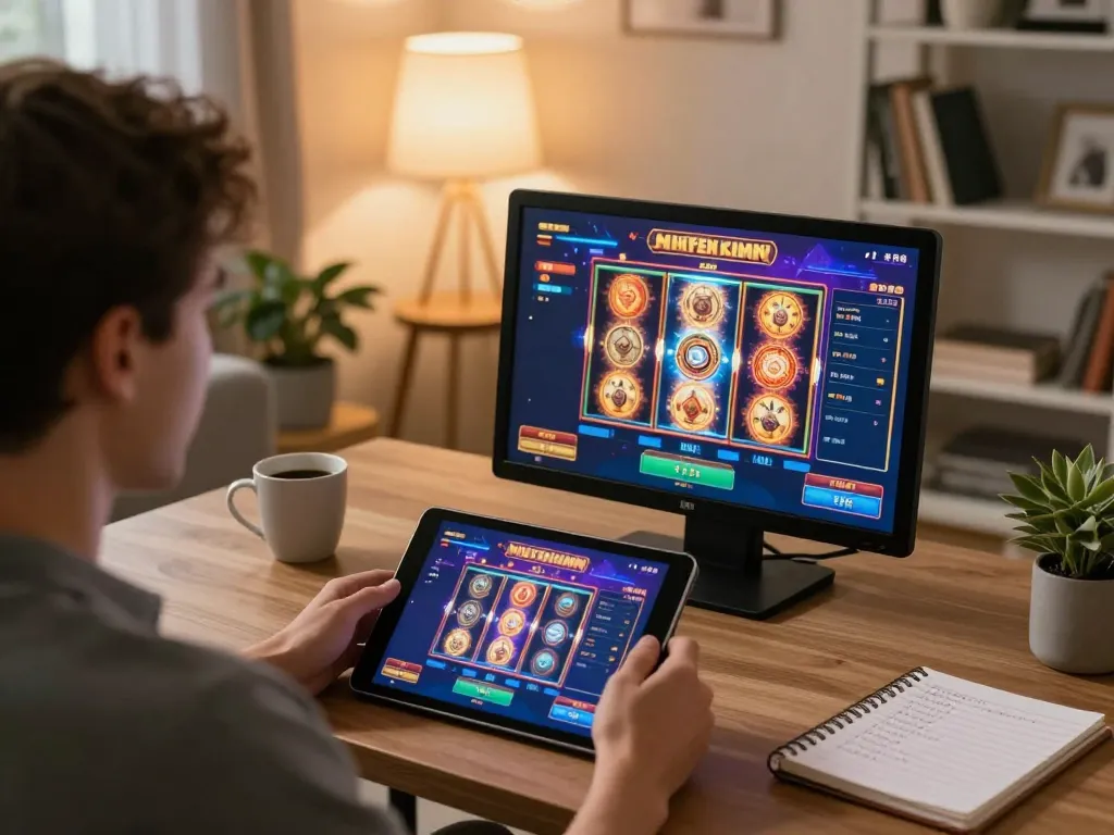Player engaged in ulat123 online casino gaming, featuring vibrant slot interface and cozy atmosphere